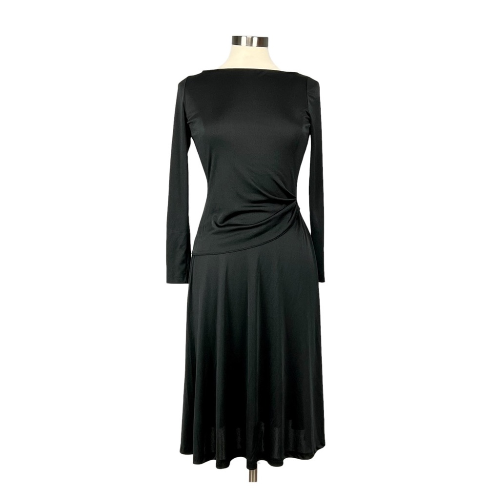 Mac Tac of Paris Vintage 70s Long Sleeve Black Fitted Midi Dress